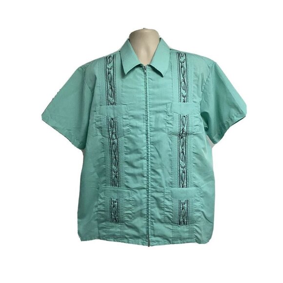Haband Guayabera Blue Green Zip Front Shirt 2XL Cuban Cigar Sopranos Pockets - Picture 1 of 5
